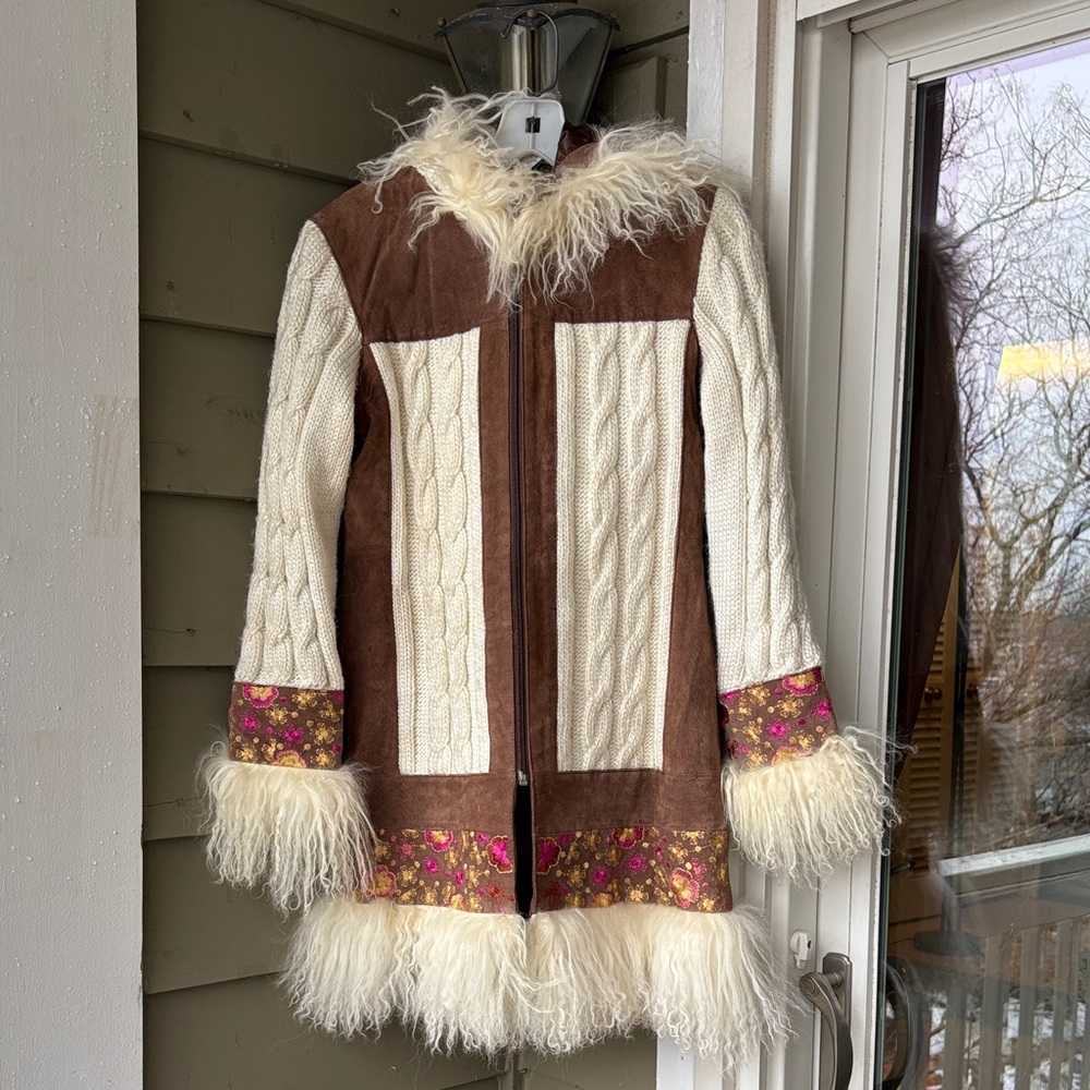 RARE Brown and Cream Penny lane style leather and sweater embroidered jacket. S.